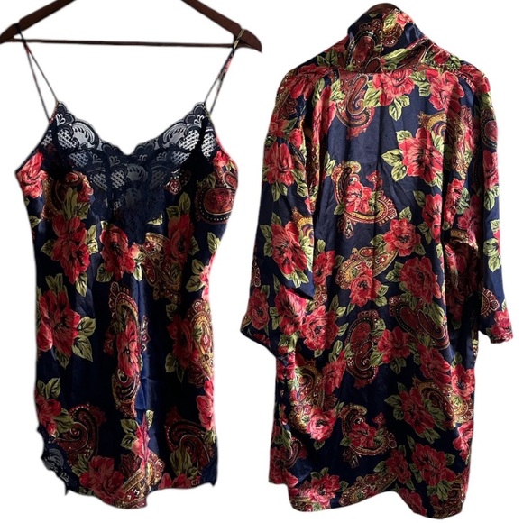 VTG 90s Victoria’s Secret Gold Label Robe AND Matching Floral Paisley Slip Dress